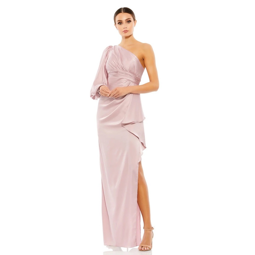 Mac Duggal Rose Satin One Shoulder Bishop Sleeve Gown Formal Dress 5539 Size 2